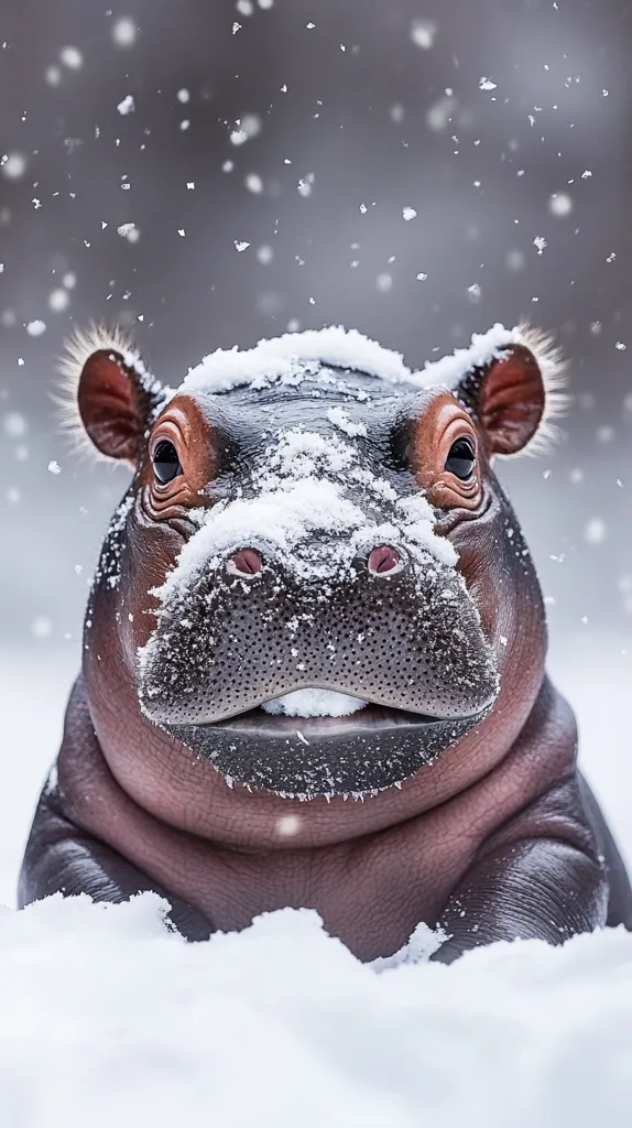A hippopotamus stands in a snowy landscape, its head and back covered in snow. Its large, brown eyes are visible, and its mouth is slightly open, revealing a hint of its teeth. Snowflakes fall gently around the animal.  The hippopotamus appears to be enjoying the winter weather.