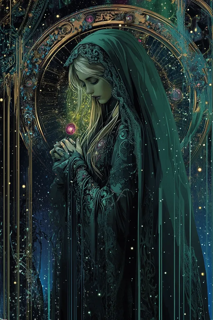 The image depicts a woman cloaked in a dark green robe, standing in a mystical setting. Her hood is pulled low, revealing her long, flowing blonde hair and delicate features. She holds a glowing orb in her hand, its light casting an ethereal glow upon her. The background is filled with swirling patterns and a starry night sky, suggesting a magical or supernatural atmosphere. The woman's pose and the overall ambiance evoke a sense of mystery and wonder.