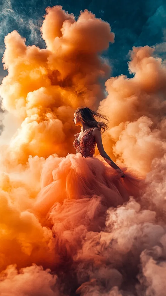 A woman in a flowing pink gown stands in a cloud of orange smoke, her hair blowing in the wind. The smoke billows around her like a soft, ethereal embrace. The image evokes a sense of whimsical fantasy, with the woman appearing to float amidst the clouds. The background sky is a deep blue, providing a stark contrast to the warm, vibrant hues of the smoke.  The overall effect is dreamlike and magical.