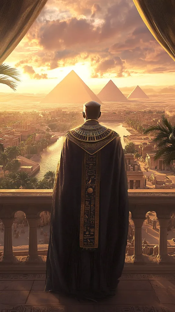 A man in a dark robe with gold detailing stands on a balcony, gazing out at a vast cityscape of ancient Egypt. Three imposing pyramids stand in the distance, bathed in the warm glow of a setting sun. The man's back is to the viewer, emphasizing his position of power and authority over the sprawling kingdom below. The scene evokes a sense of mystery, grandeur, and ancient wisdom.