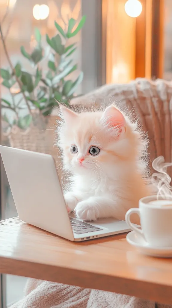 A fluffy white kitten sits on a wooden table next to a laptop computer and a cup of coffee. The kitten is looking at the laptop with its paws resting on the keys. The background is out of focus, but a plant and a window with blurry lights can be seen. The image captures a cozy and peaceful scene.