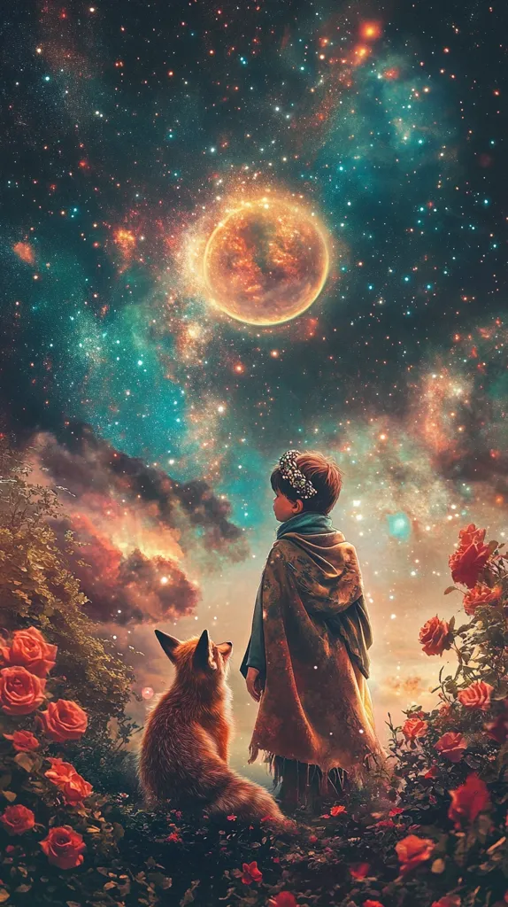 A young girl, wearing a cloak and a flower crown, stands with a fox beside her, looking up at a bright, full moon in a starry sky. The girl and the fox are surrounded by a field of red roses, creating a whimsical and enchanting scene.  The image evokes a sense of wonder and the magic of childhood.