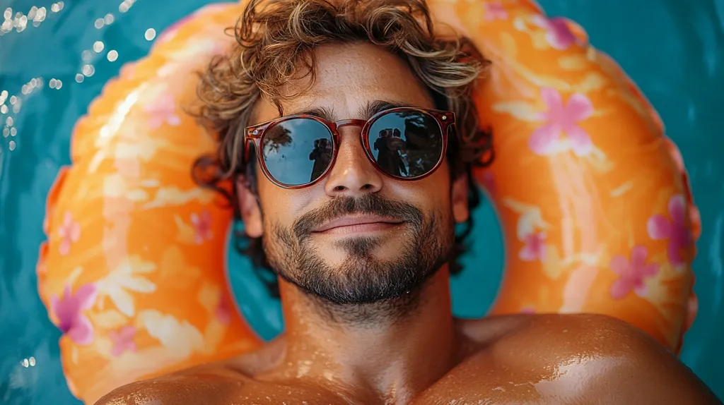 A man with curly hair and a beard is floating in a pool on an orange and white inflatable ring. He is wearing sunglasses and has a relaxed expression on his face. The water is a bright blue, and the sunlight is reflecting off the surface.