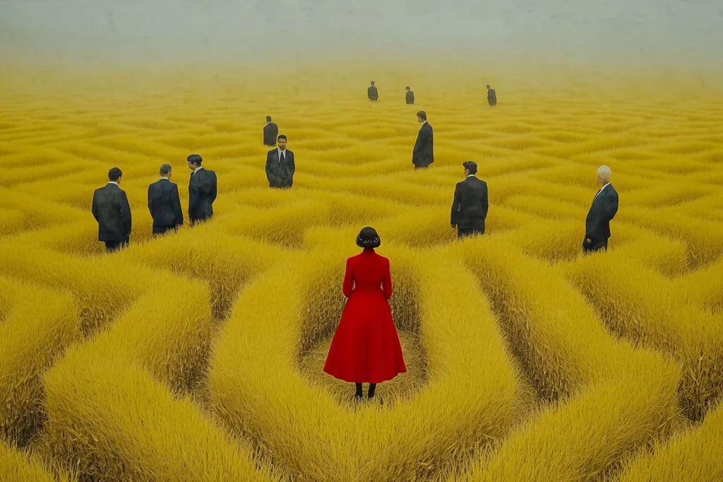 A lone woman in a bright red dress stands in the center of a field of yellow grass.  She is surrounded by a maze of paths and eight men in dark suits. The scene is shrouded in fog, creating a sense of mystery and isolation. The contrasting colors and the lone figure make a strong visual impact.