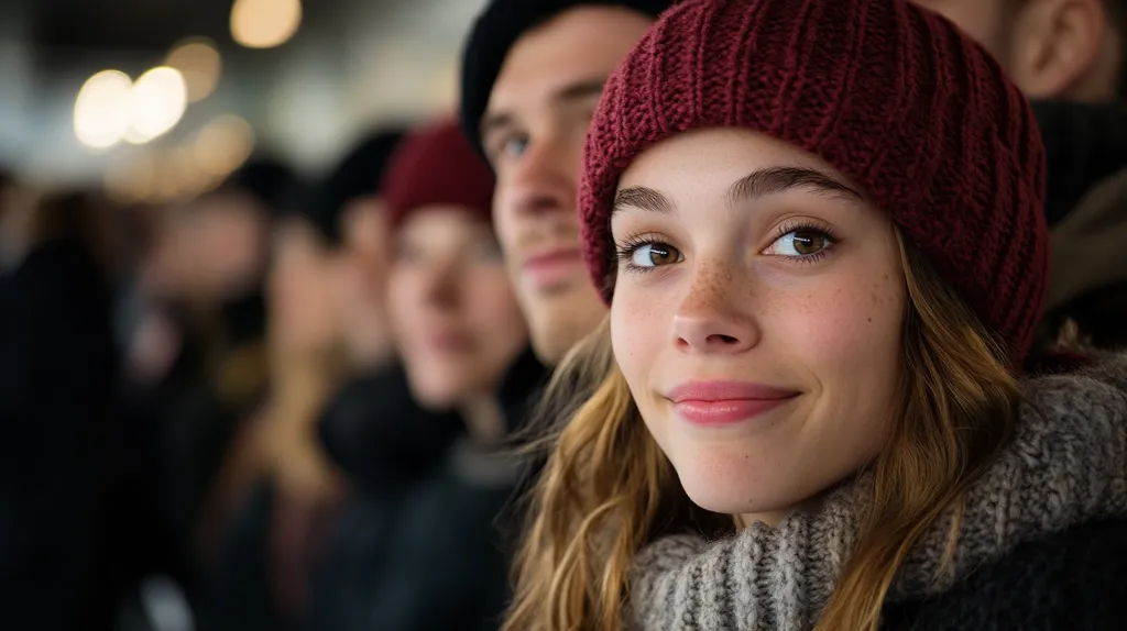 A young woman with long brown hair is wearing a maroon beanie and smiling. She is looking at the camera, and her face is freckled. She is standing with a man and another person in the background, who are out of focus. The image is taken from the waist up and the background is blurry.