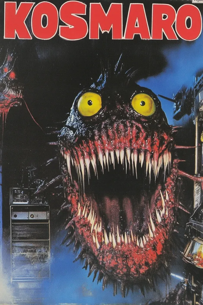 The image is a movie poster for a horror film titled "KOSMARO".  It features a menacing creature with a gaping maw filled with sharp teeth, large yellow eyes, and a spiky body.  The creature's menacing expression suggests a terrifying and potentially deadly threat.  The poster's dark background and the creature's sinister appearance create an unsettling and suspenseful atmosphere.