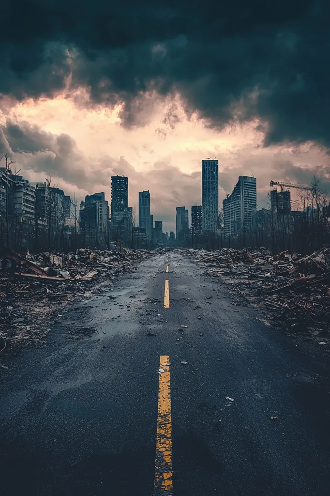A long, empty road stretches out through a desolate cityscape, flanked by rubble and overgrown trees. The sky is overcast with dark clouds, casting a gloomy atmosphere over the abandoned scene. The cityscape behind is dominated by tall buildings, giving the impression of a once-bustling city now reduced to ruins. The scene evokes a sense of post-apocalyptic emptiness and decay.