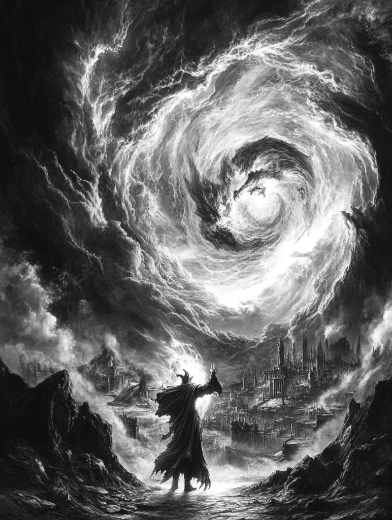 A cloaked figure with a staff stands on a rocky outcropping, facing a swirling vortex of clouds above a distant city. The clouds appear to be parting, revealing a bright light emanating from the center of the vortex. The scene is rendered in black and white, giving it a dramatic and otherworldly feel. The image suggests a powerful magic or event is taking place.