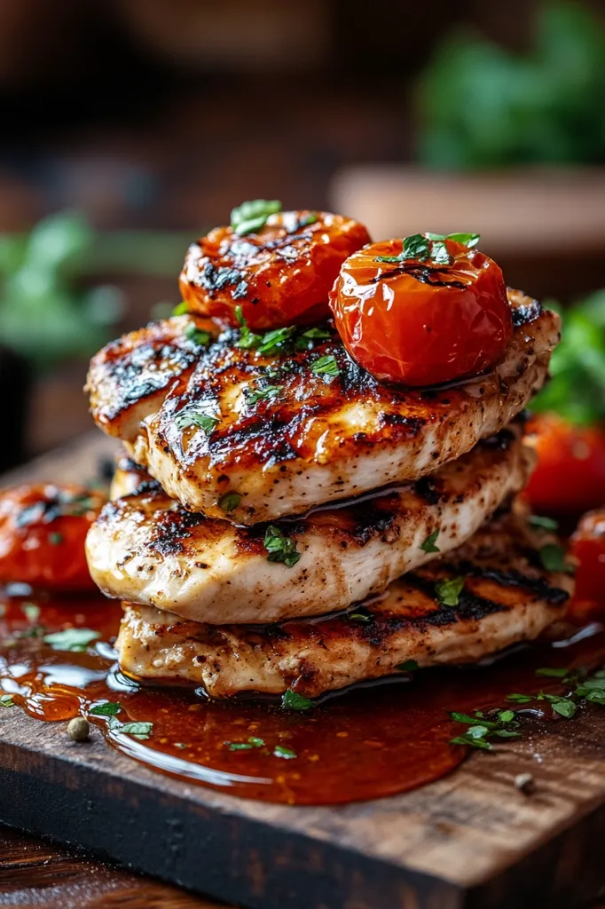 A close-up shot of a stack of grilled chicken breasts topped with roasted cherry tomatoes. The chicken is glistening with a flavorful glaze and the tomatoes are perfectly caramelized. Scattered parsley adds freshness, and a wooden cutting board provides a rustic setting.  A pool of sauce adds a rich, flavorful depth to the dish.  The image evokes a sense of delicious comfort food.