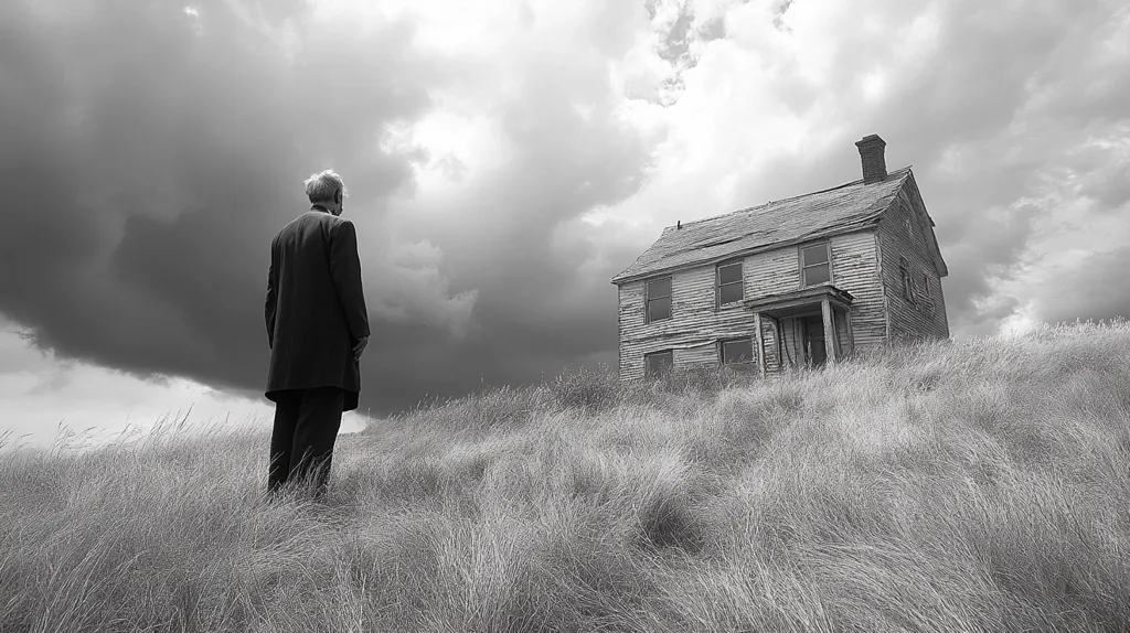 The image depicts a solitary figure in a dark coat standing in a field of tall grass, facing away from the viewer. The figure appears to be staring at a dilapidated wooden house with a chimney on a hill in the distance. The sky above is overcast with dark, ominous clouds, adding a sense of mystery and unease to the scene. The black and white tones enhance the melancholic atmosphere.