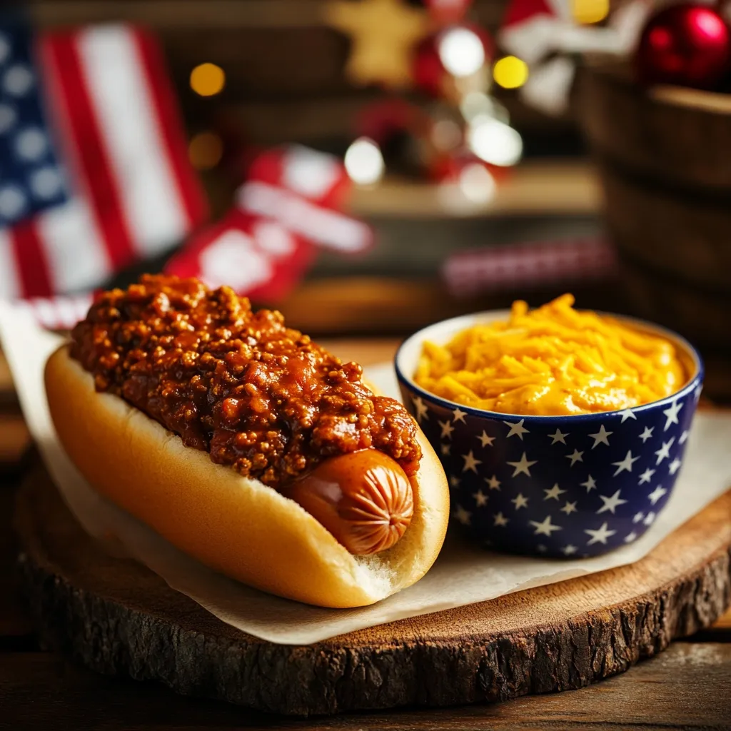 A chili dog sits on a wooden cutting board, next to a blue and white bowl filled with yellow cheese. The chili dog is topped with a generous amount of chili and a hot dog is peeking out from underneath. There is a blurred American flag in the background.  The scene is inviting and suggests a casual, fun, and delicious meal.