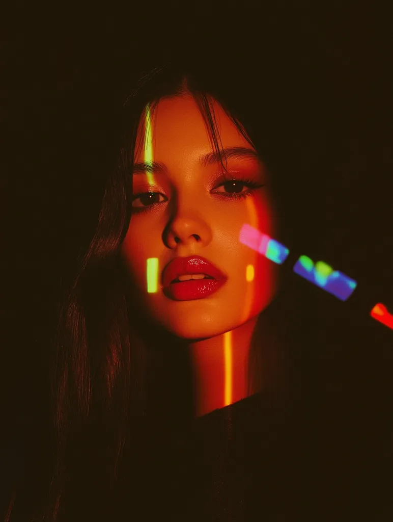 A woman with long dark hair is illuminated by a vibrant light. She has bright red lipstick and her face is highlighted with a mixture of red, green, and blue light, creating a striking contrast. The background is a dark and mysterious backdrop. The image has a dramatic and ethereal feel.