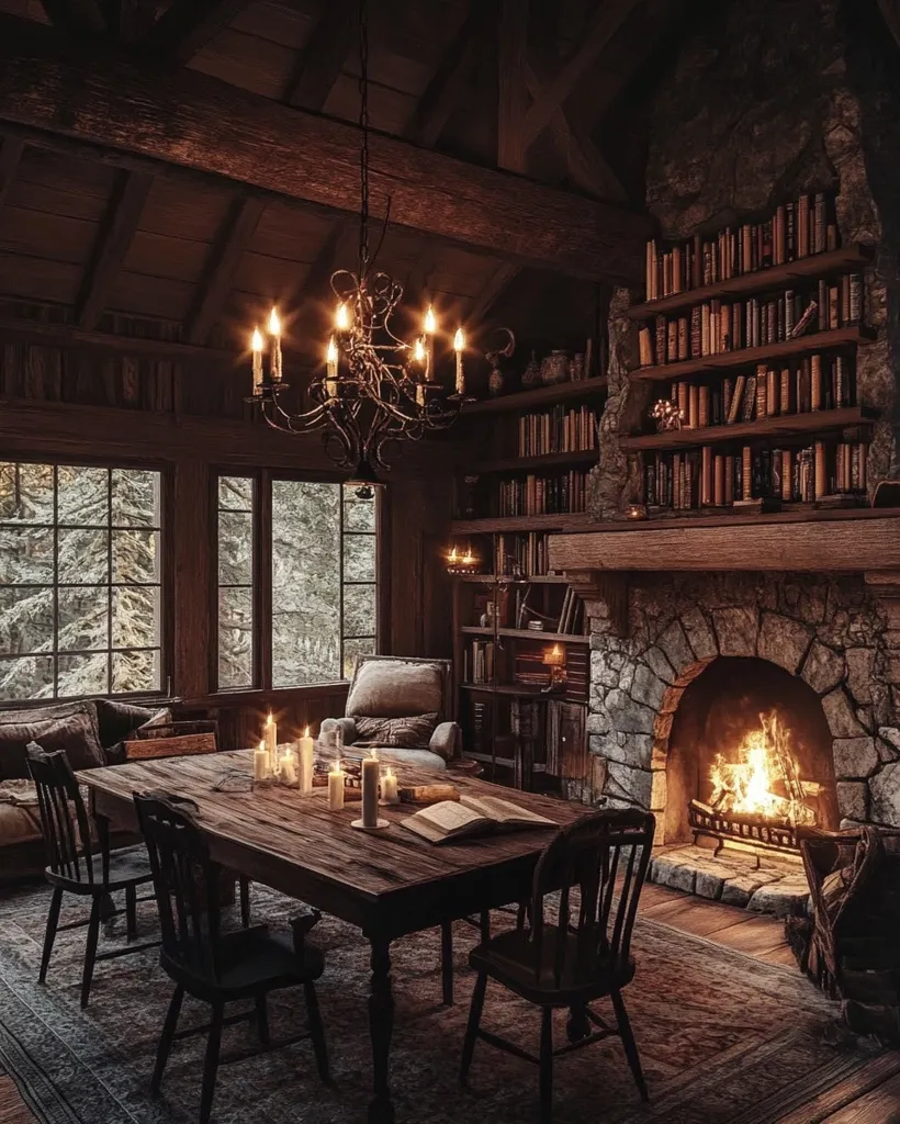 The image shows a cozy cabin with a rustic wooden interior. A large stone fireplace with a roaring fire is the focal point, flanked by bookshelves overflowing with books.  A wooden dining table with candles and a book sits in front of a window with snowy views. The scene is warm, inviting, and perfect for a winter retreat.