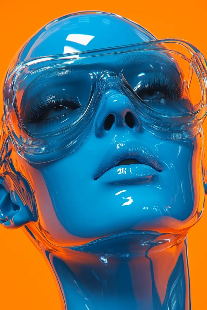 A close-up of a woman's face, painted a vibrant blue, against an orange backdrop. She is wearing clear, plastic goggles and her eyes are closed. The image is a study in contrast and bold colour choices. The sharp edges of the goggles and the smooth, glossy surface of the skin create a striking visual.  The light catches the surface, creating a sheen of reflective blue.