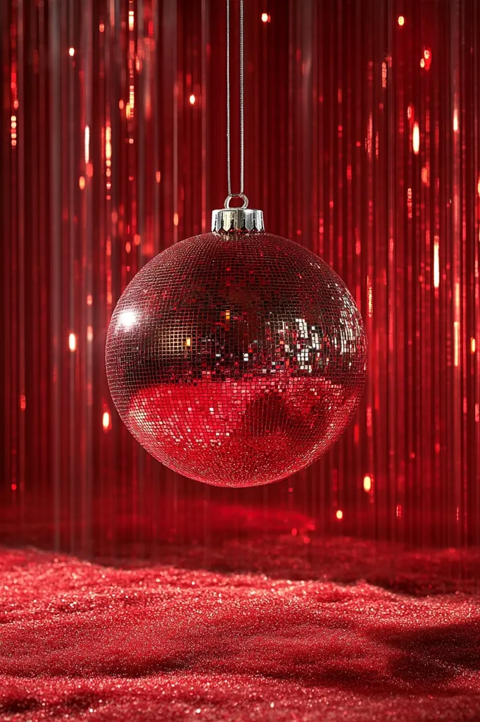 A large, red, disco ball ornament hangs from a silver string in front of a red, glittering background. The ornament is made up of hundreds of small, reflective squares. The background appears to be made of thin, red, shimmering strands. Below the ornament, a red, glittery surface stretches out across the foreground. The image evokes a festive, celebratory mood.