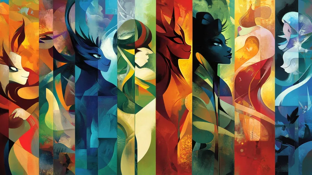 The image is a colorful abstract painting featuring seven figures arranged in a vertical row. Each figure is depicted in a different color scheme, showcasing the use of bold, contrasting hues and geometric shapes. The figures are stylized and elongated, with their faces and bodies forming intricate patterns within the canvas. The overall composition evokes a sense of energy, movement, and a playful exploration of color and form.
