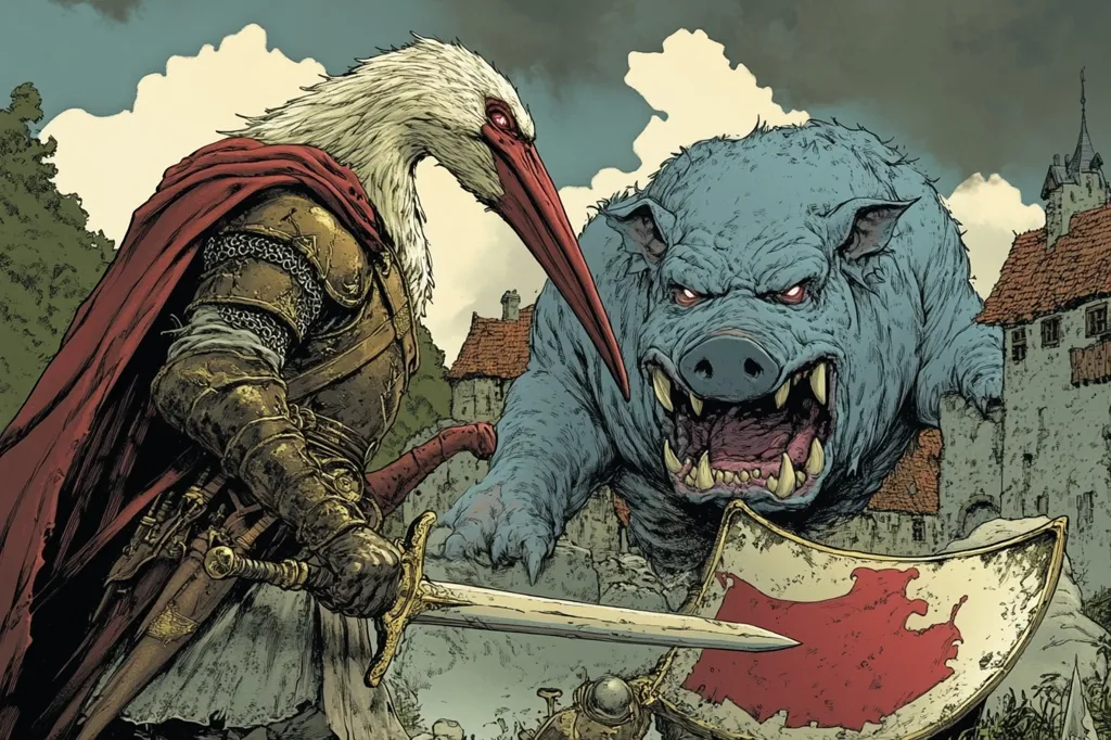 A knight-clad bird with a red cape and a long beak stands holding a sword, facing a monstrous blue boar. The boar has sharp teeth and a menacing expression. The scene is set against a backdrop of a medieval village with a stone wall. The knight is poised to defend the village against the boar's attack.