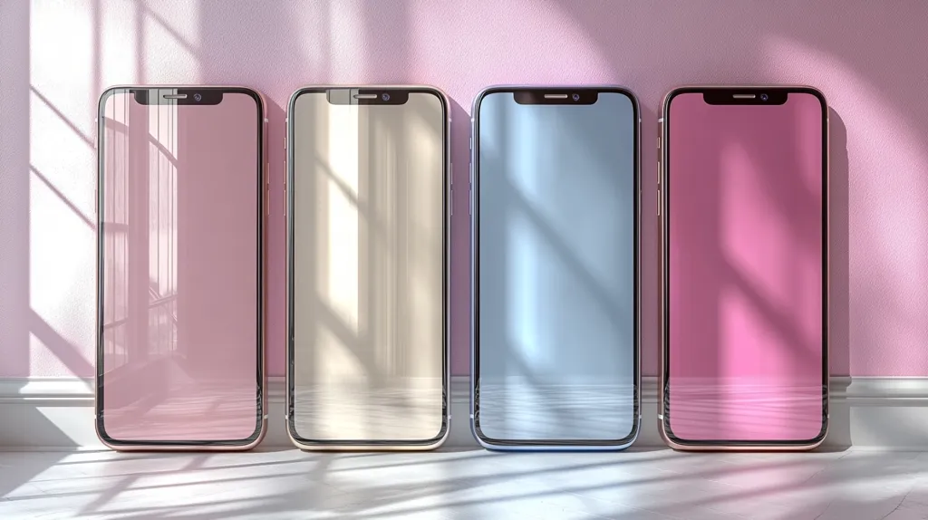 Four smartphones are lined up on a white surface in front of a pink wall. Each phone has a different colored screen: pink, beige, light blue, and pink.  Sunlight streams through a window, casting shadows on the phones and the wall. The image is a clean and modern aesthetic.