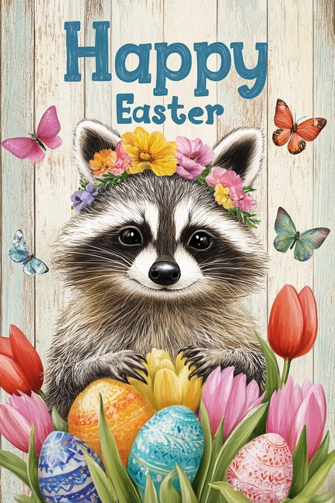 A raccoon with a flower crown and a playful smile is surrounded by a colorful bouquet of tulips and Easter eggs.  Butterflies flit about the background, adding to the festive spring atmosphere. The image is titled "Happy Easter," making it a cheerful and whimsical depiction of the holiday.