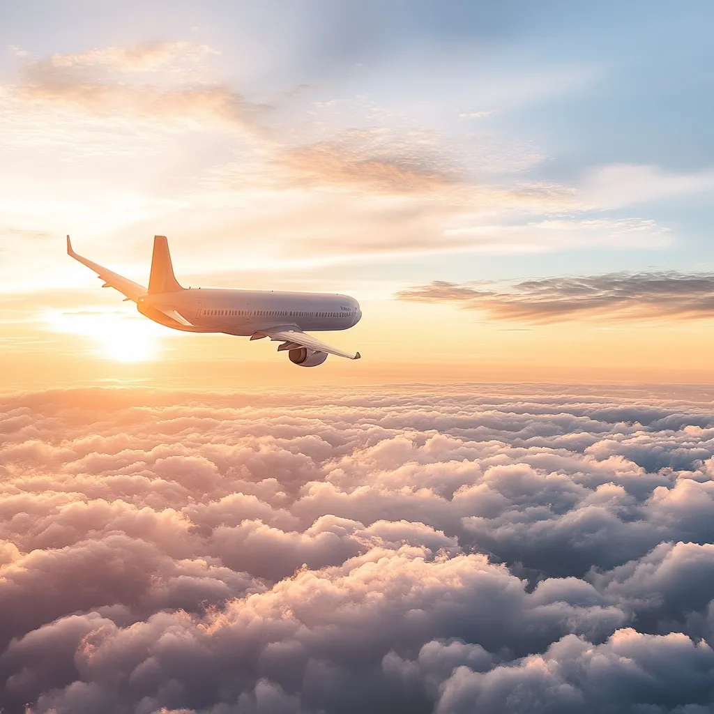 A white airplane flies above a vast expanse of fluffy clouds. The sky is a soft pastel mix of pink, orange, and blue, with the sun peeking through the clouds. The image captures a sense of serenity and freedom as the plane glides through the air, bathed in the warm glow of the setting sun.
