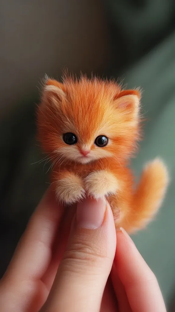 A tiny, orange kitten with big, round eyes is being held gently in the palm of a person's hand. The kitten's soft fur is visible, as well as its small, pink nose. The kitten looks up at the camera with a sweet expression, its paws tucked under its body. The background is blurry and out of focus, drawing attention to the adorable kitten.
