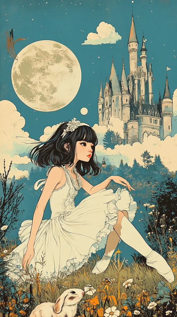 The image depicts a young girl with long black hair, wearing a white dress and sitting in a field of flowers. She gazes at a majestic castle in the distance, which appears to be floating in the sky. A large moon hangs in the background, casting an ethereal glow over the scene. A small white rabbit sits in the foreground, adding to the whimsical atmosphere. The illustration conveys a sense of fairytale charm and wonder.