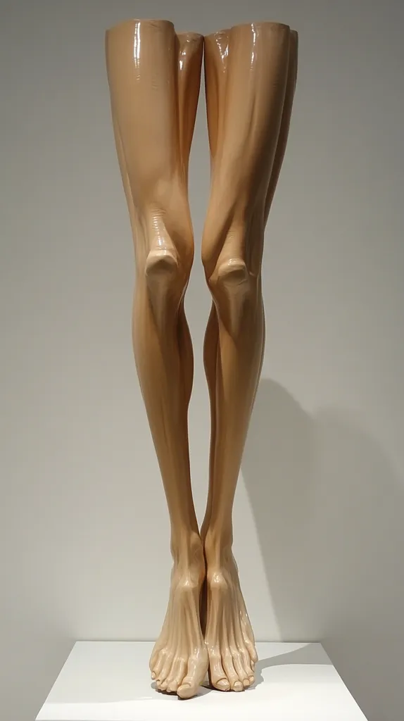 A pair of sculpted human legs stand on a white pedestal. The legs are smooth and realistic, with detailed muscle definition. They are posed in a slightly bent position, with the feet pointing outwards. The sculpture is lit from the front, highlighting the smooth surface and creating a sense of depth. The overall effect is one of both beauty and unsettling realism.
