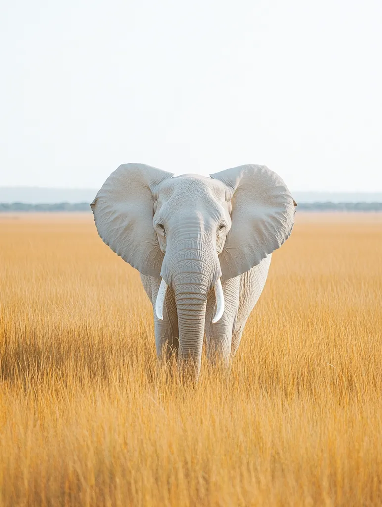 A white elephant stands in a field of tall, golden grass. Its large ears are spread out, and its trunk is held high. The elephant is looking directly at the camera, with a calm and majestic expression. The background is a clear blue sky. The image is a striking portrait of a powerful and beautiful animal.