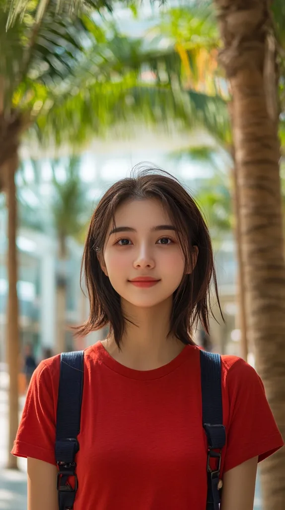 A young woman with short brown hair is wearing a bright red t-shirt and a black backpack strap. She is smiling and looking directly at the camera. The background is a blurry image of palm trees. The photo is taken outdoors.