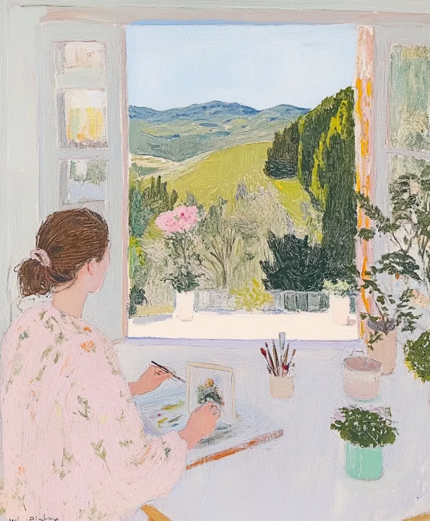 A woman in a pink floral dress sits by a window, facing away from the viewer, painting.  She is painting a picture of a flowering plant in a pot. Through the window, a view of a green, rolling hills and a cluster of tall trees can be seen in the distance. The painting style is loose and impressionistic.