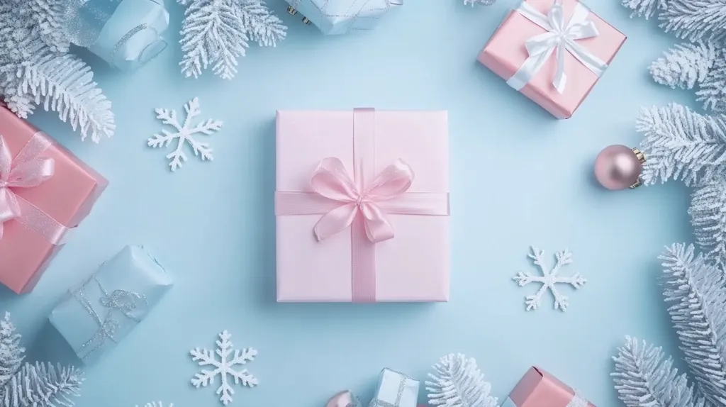 A flat lay image of gifts wrapped in pink and blue paper, adorned with white snowflakes and white faux pine branches on a light blue background. The gifts are tied with pink and white ribbons, creating a festive and elegant winter scene. A small, pale pink bauble adds a touch of whimsy to the composition.