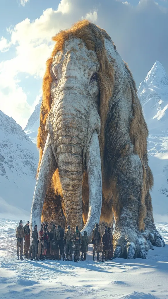 A group of people stand in awe of a gigantic woolly mammoth in a snowy, mountainous landscape. The mammoth's massive size and impressive tusks are on full display, towering over the group. The people are dwarfed by the creature, emphasizing its scale and power. The scene captures a sense of wonder and respect for the ancient animal.
