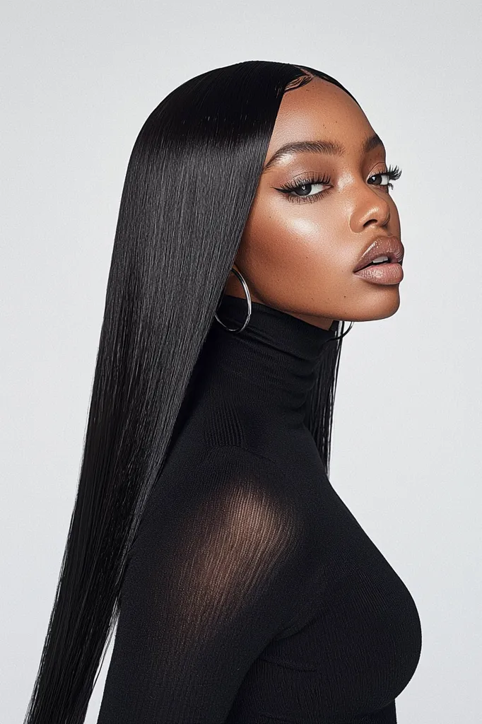 A young woman with long, straight black hair is looking over her shoulder. She is wearing a black turtleneck sweater and large hoop earrings. Her skin is flawless and she has a hint of a smile on her lips. She is posed against a white backdrop. The overall image is simple and elegant.