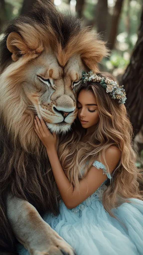 A young woman in a blue dress and a flower crown rests her head against a large lion. The lion's mane is thick and brown, and the woman's hair is long and blonde. The two are in a forest, and the woman's eyes are closed. The image evokes a sense of peace and tranquility.  They seem to be bonded by a strong connection.