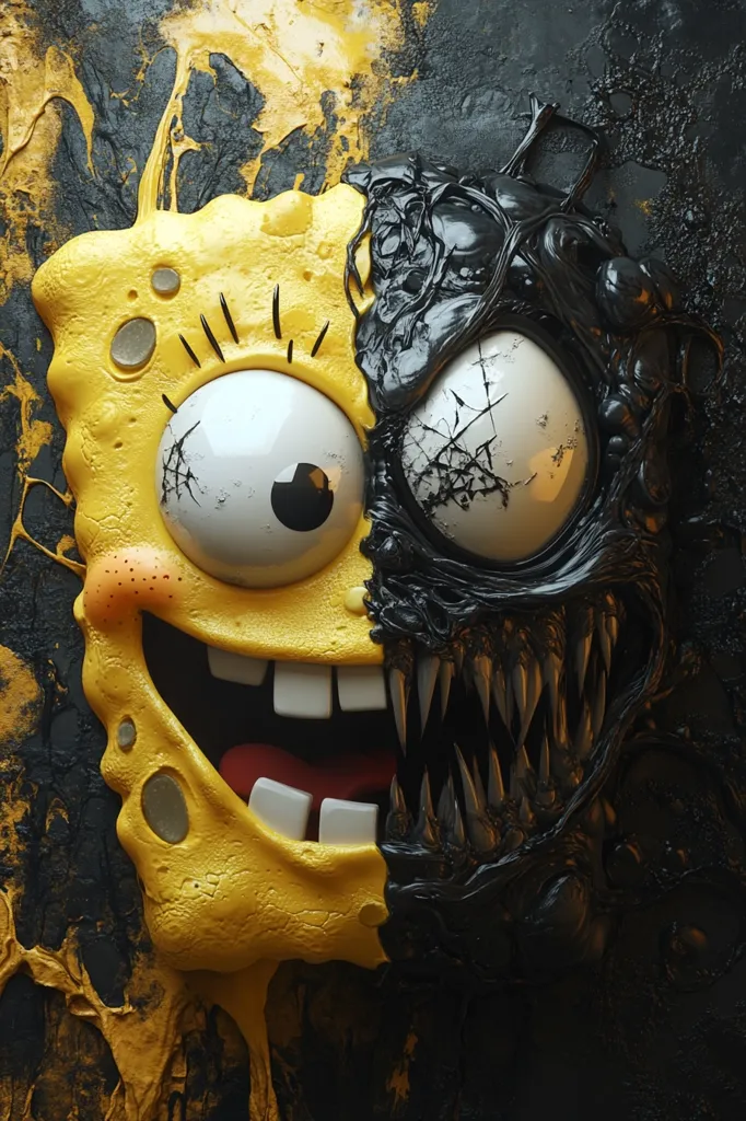 The image is a 3D rendering of a fusion between SpongeBob SquarePants and the Marvel character Venom.  The left side of the image shows SpongeBob's yellow face with a large, white eye. The right side shows Venom's black, monstrous face with sharp teeth. Both figures are grinning and have dripping paint around them, giving the impression of a grotesque, surreal sculpture. The image is a creative mash-up of two iconic characters, creating a darkly humorous and unsettling visual.