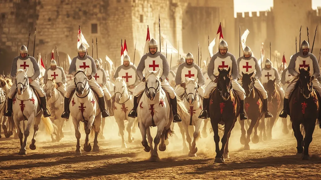 A group of knights in full armor, mounted on horseback, charge across a dusty plain. They are clad in chainmail and carry swords and shields. Their white horses are adorned with red crosses, the symbol of the Crusades. The knights are in formation, moving with purpose and determination. The setting sun casts a golden glow over the scene.