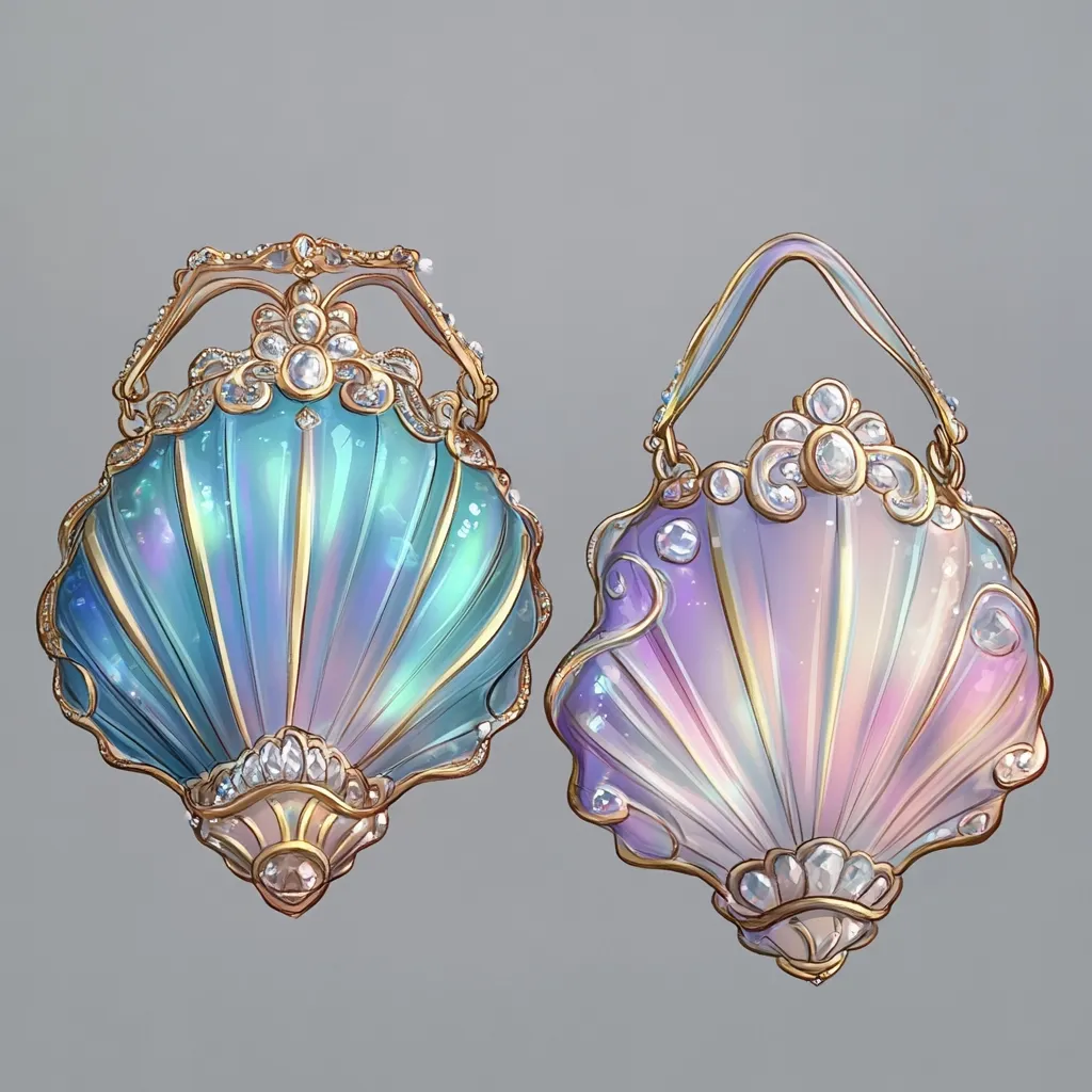 Two intricately designed, iridescent clam shell purses adorned with gold detailing and sparkling diamonds. The left purse is teal and green, the right is purple and pink. Both are crafted with a delicate, feminine aesthetic, perfect for a magical evening.