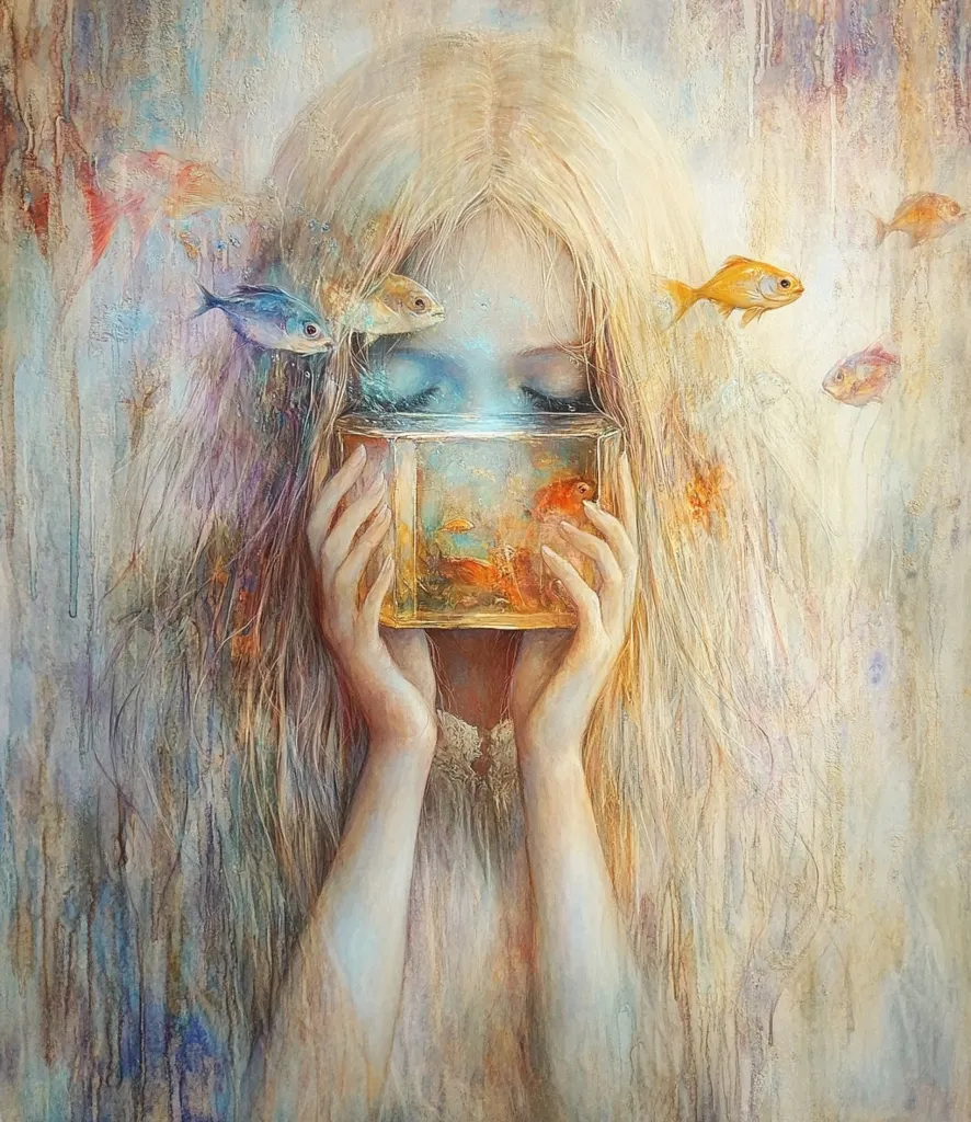 The painting depicts a young woman with long blonde hair, her face obscured by a fish tank filled with small, brightly colored fish. The background is a soft watercolor wash of blues, yellows, and oranges, creating a dreamy and ethereal atmosphere. The woman's hands hold the fish tank close to her face, suggesting a sense of intimacy and connection with the aquatic world. The overall tone of the painting is one of contemplation and wonder, as the woman appears lost in the beauty of the underwater scene.