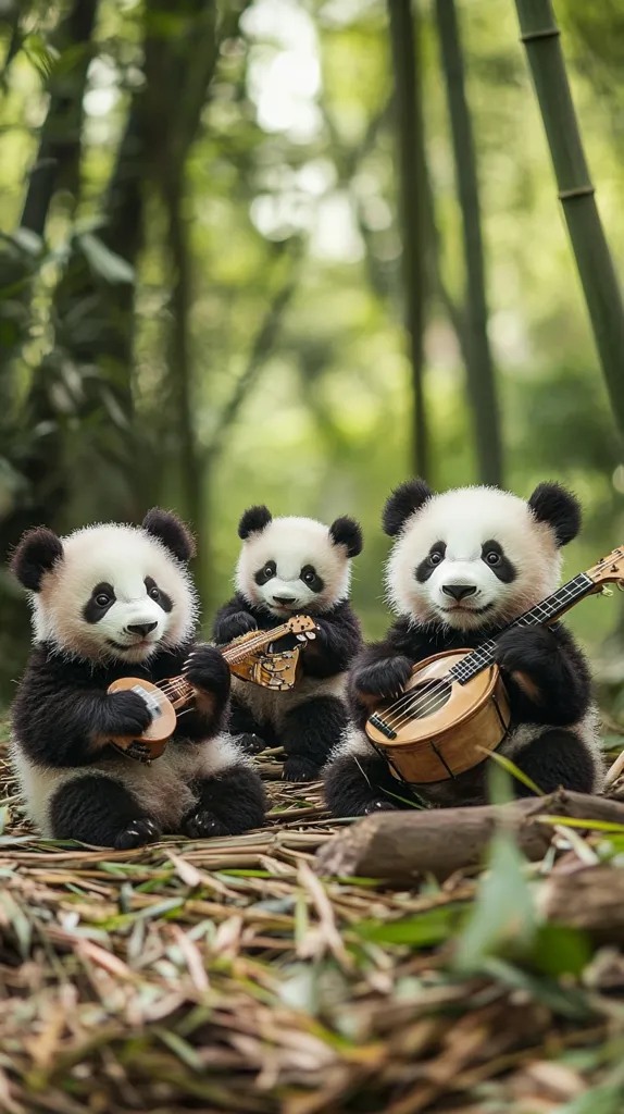 Three adorable panda cubs are sitting in a lush green bamboo forest, each holding a small guitar. They are looking at the camera with curious expressions, creating a whimsical and heartwarming scene. The soft lighting and natural backdrop enhance the cuteness of these cuddly musicians.  The image evokes a sense of joy and playfulness, capturing the charm of these beloved creatures.
