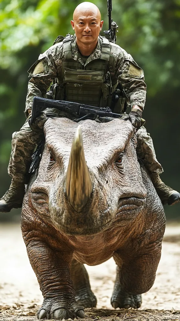 A man in military fatigues sits on a large, grey, rhinoceros-like creature with a long horn. He wears a tactical vest and is armed with a rifle. The man and creature are walking through a dense, leafy forest. The creature's skin is textured and detailed, giving it a realistic appearance.