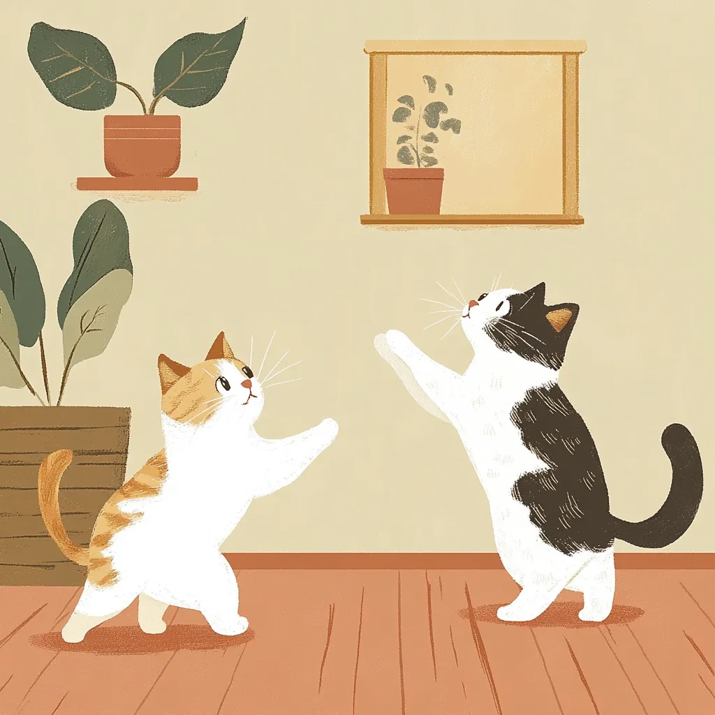 Two cats are playing in a room with wooden floors. The cat on the left is orange and white with its paws outstretched. The cat on the right is black and white with its paws up in the air. There are two potted plants and a framed picture in the background. The room is painted a pale yellow.  The cats look playful and happy.