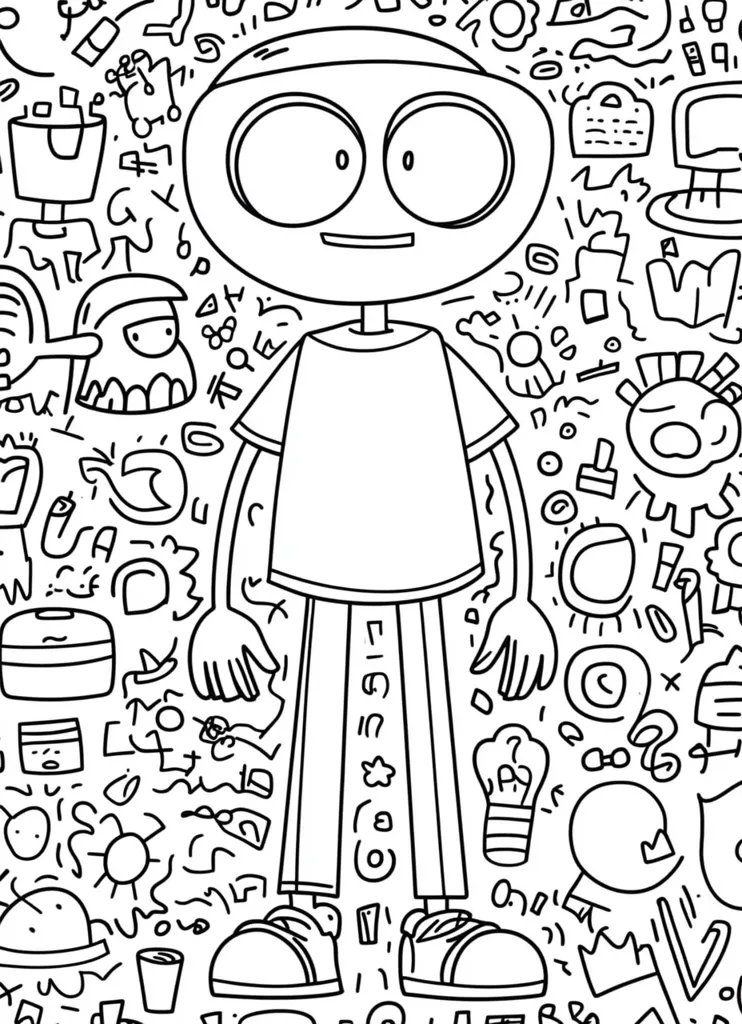 The image depicts a cartoon character in a t-shirt and pants.  The character is standing on the page with its arms outstretched.  The background features a myriad of abstract scribbles and shapes, including circles, lines, and squiggles. The overall style of the drawing is whimsical and playful. The character appears to be smiling with large eyes.