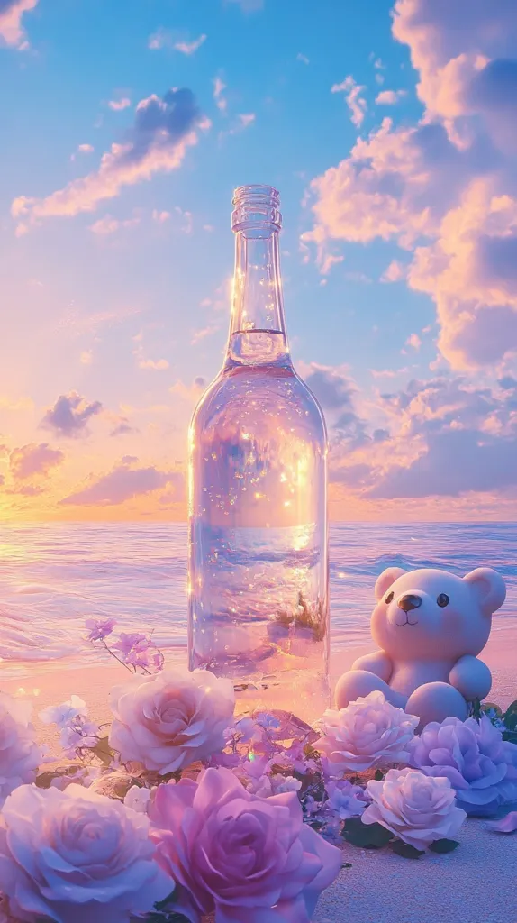 A glass bottle filled with sparkling water sits on a sandy beach, surrounded by soft pink and purple roses. A white teddy bear sits next to the bottle, its soft fur contrasting against the vibrant colors of the flowers. The sky above is a beautiful mix of pink and blue, with fluffy clouds. The image evokes a sense of tranquility and peaceful beauty.