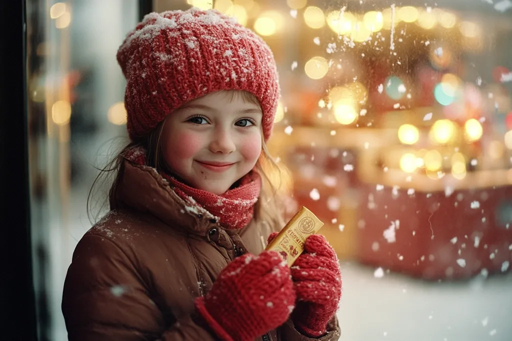 A young girl with rosy cheeks smiles warmly.  She is bundled in a red knitted hat, scarf, and mittens. She holds a small gold package.  The background is blurred, with bokeh lights and falling snow.  The scene evokes a feeling of winter joy and happiness.