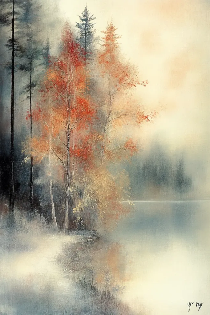 The painting depicts a serene lakeside scene with a misty atmosphere. Tall trees with vibrant autumn foliage stand along the water's edge. The colors are soft and muted, creating a sense of tranquility and peace. The distant shoreline and a hint of blue sky add depth to the composition. The overall mood is one of quiet reflection and natural beauty.
