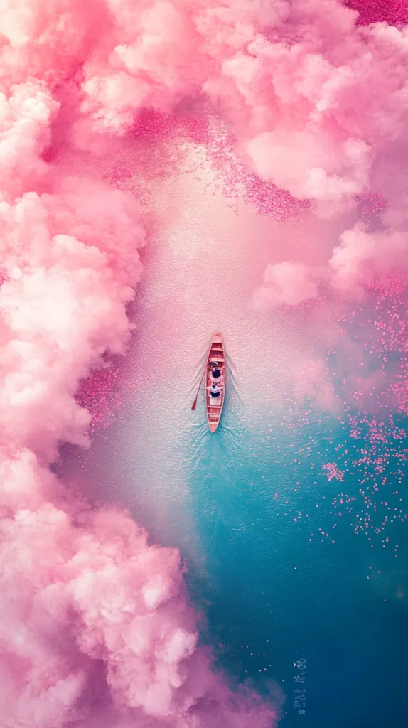 An aerial view of a vibrant pink sky with fluffy clouds and a lone rowboat on a turquoise water surface. The water is sprinkled with small pink petals, creating a dreamy and surreal atmosphere.  The image is a beautiful combination of soft pink and cool blue tones.