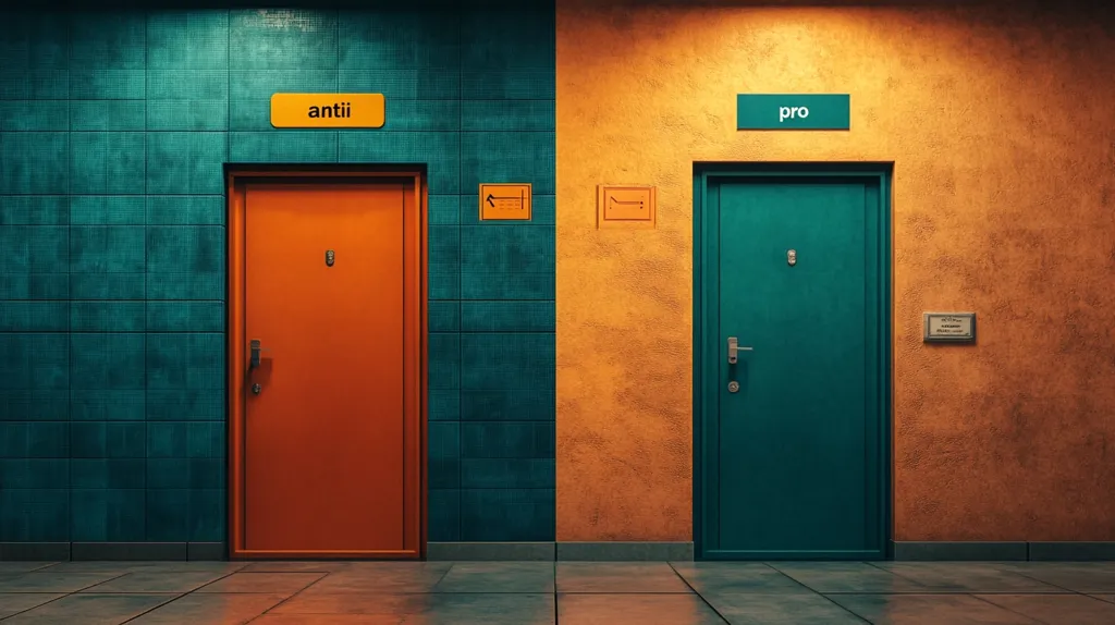 The image shows two doors, one orange and one teal, separated by a wall. The orange door is labeled "antii" and the teal door is labeled "pro." The walls are tiled in a contrasting color scheme: teal on the left and orange on the right.  The doors are closed, suggesting different choices or paths. The lighting casts a soft glow on the scene.