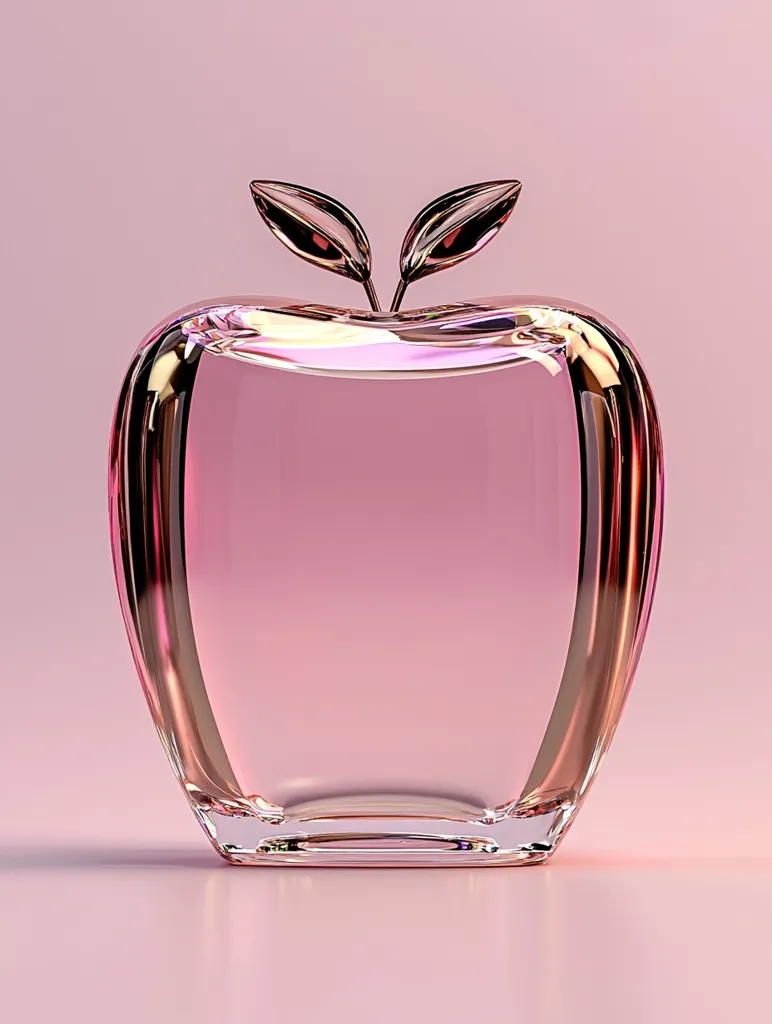 The image shows a glass apple-shaped object with a pink hue and a stem with two leaves. It has a smooth surface and a rounded shape. The apple rests on a light pink surface, and the background is a soft pink. The glass reflects light, adding a subtle shimmer to the object. The image has a minimalist aesthetic, capturing a simple yet elegant design.