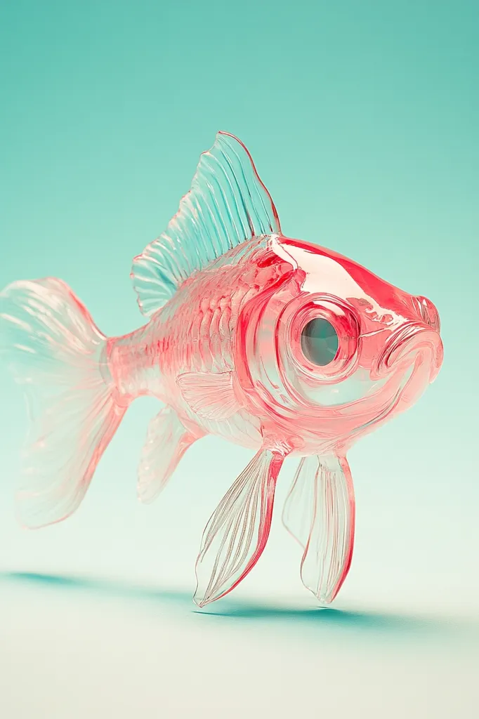 A translucent, pink goldfish with a large, round eye swims in front of a light blue background. The goldfish's fins are spread out, and its body is slightly curved. The fish is made of a clear material, giving it a delicate and ethereal appearance.  The image is a whimsical and colorful representation of a goldfish.