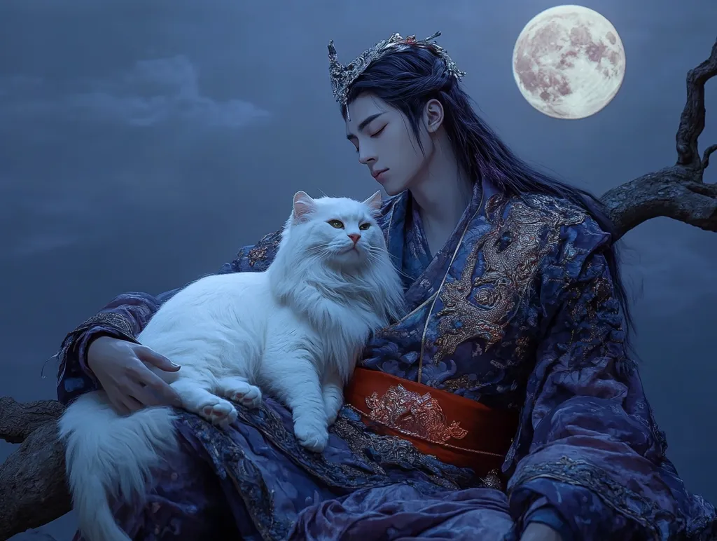 A young man in a regal, dark blue and gold robe with a red sash holds a fluffy white cat. He wears a crown and has long black hair, and he appears to be looking down at the cat with a gentle expression. The moon shines brightly in the night sky. The scene is set against a backdrop of a tree branch and clouds. The image evokes a sense of tranquility and peace.
